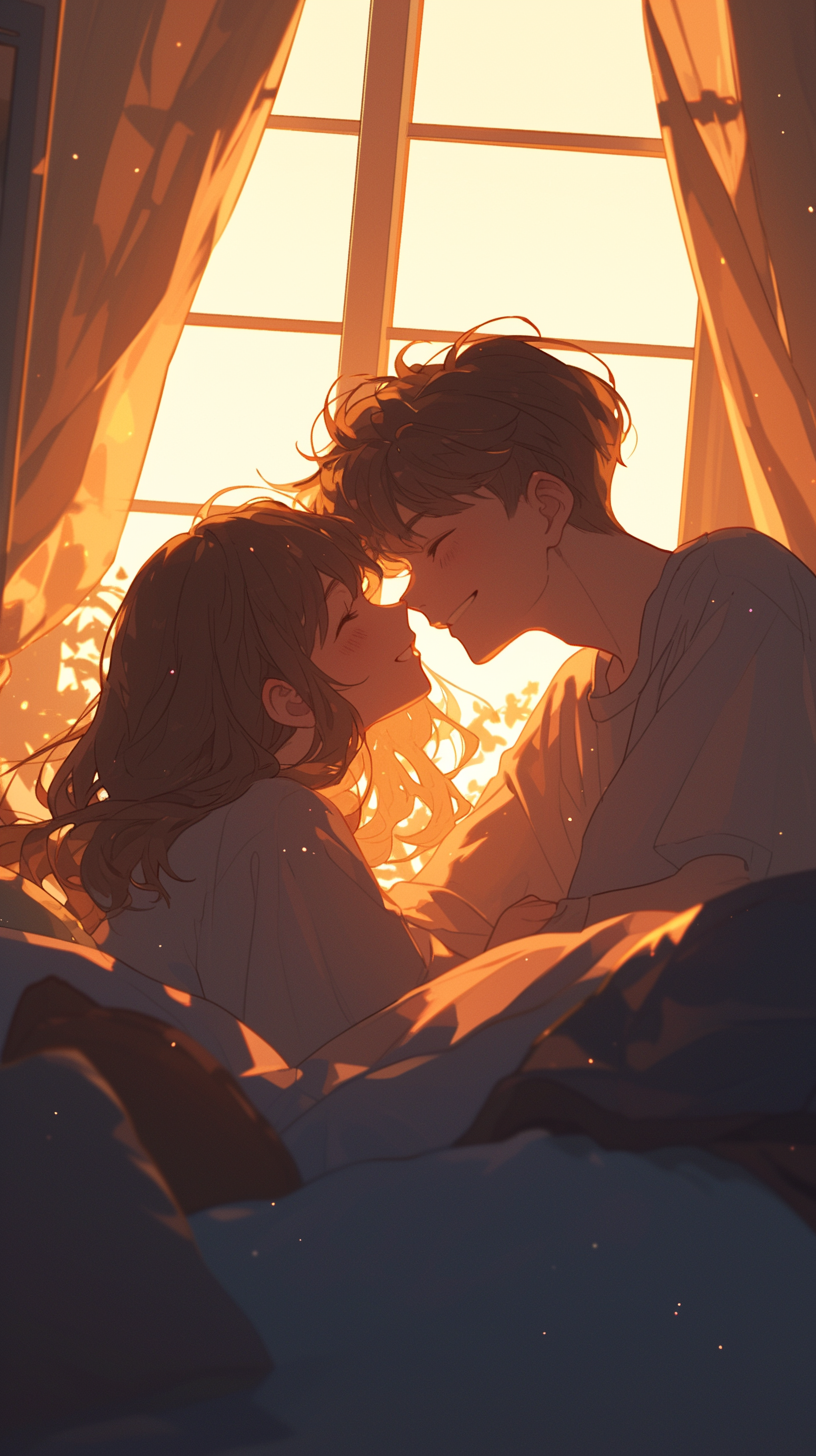 他们拉上窗帘,温暖的灯光透过窗户洒进房间,营造出一片浪漫宁静的氛围