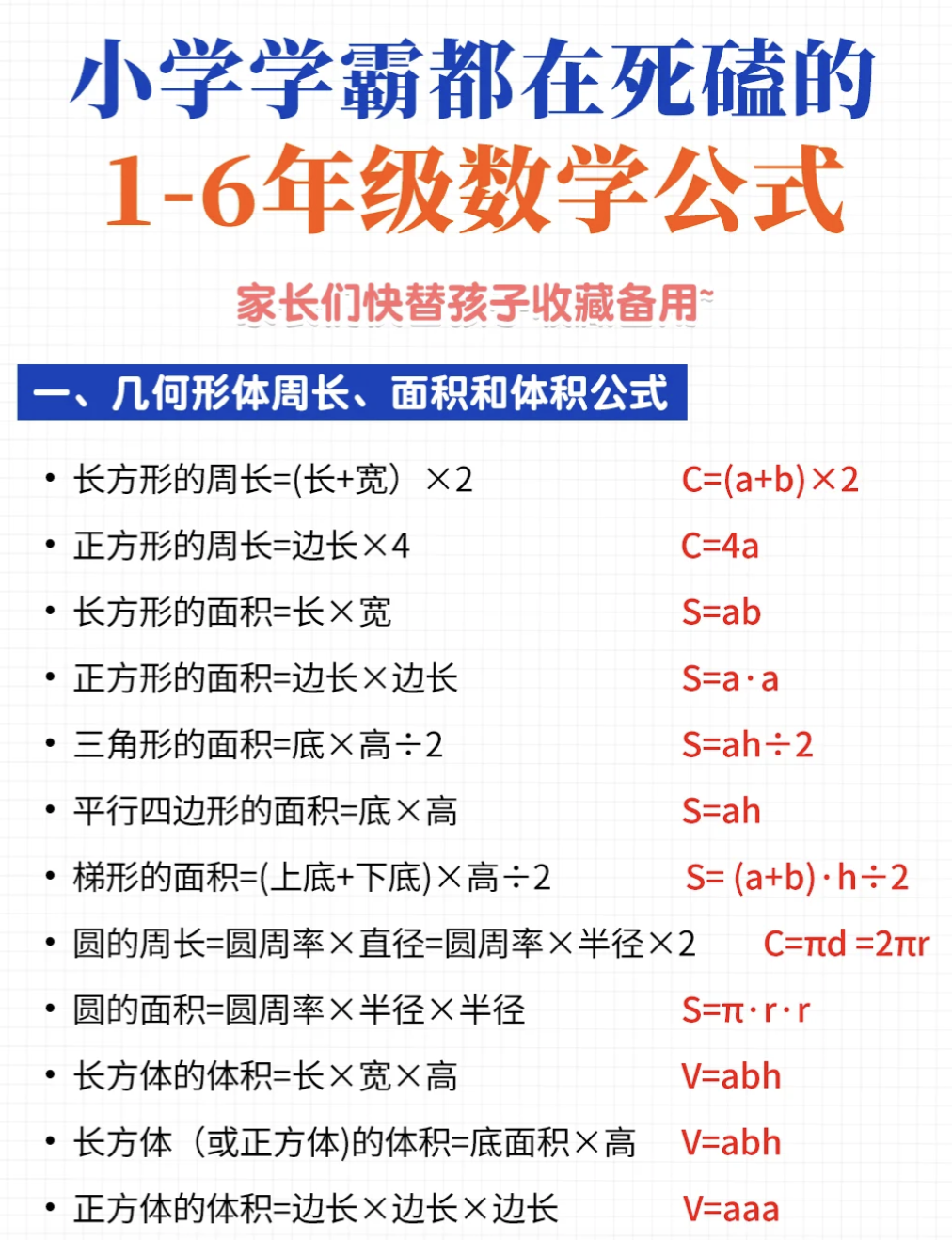包含小学数学公式大全！1-6年级全涵盖，附例题的词条