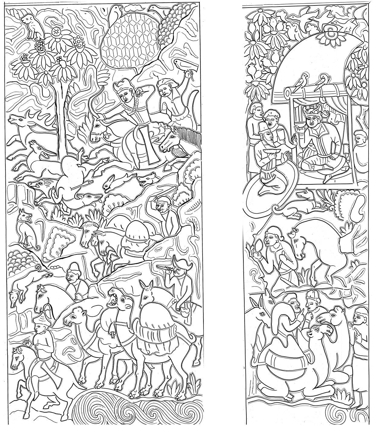 的上部,应当是粟特商队首领萨保拜见游牧民族(嚈哒或突厥)首领的画面