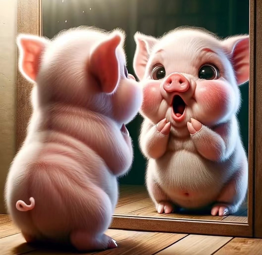 一照镜子,发现又又又胖了,都胖了,大家谁也不用笑话谁了,猪宝宝最开心