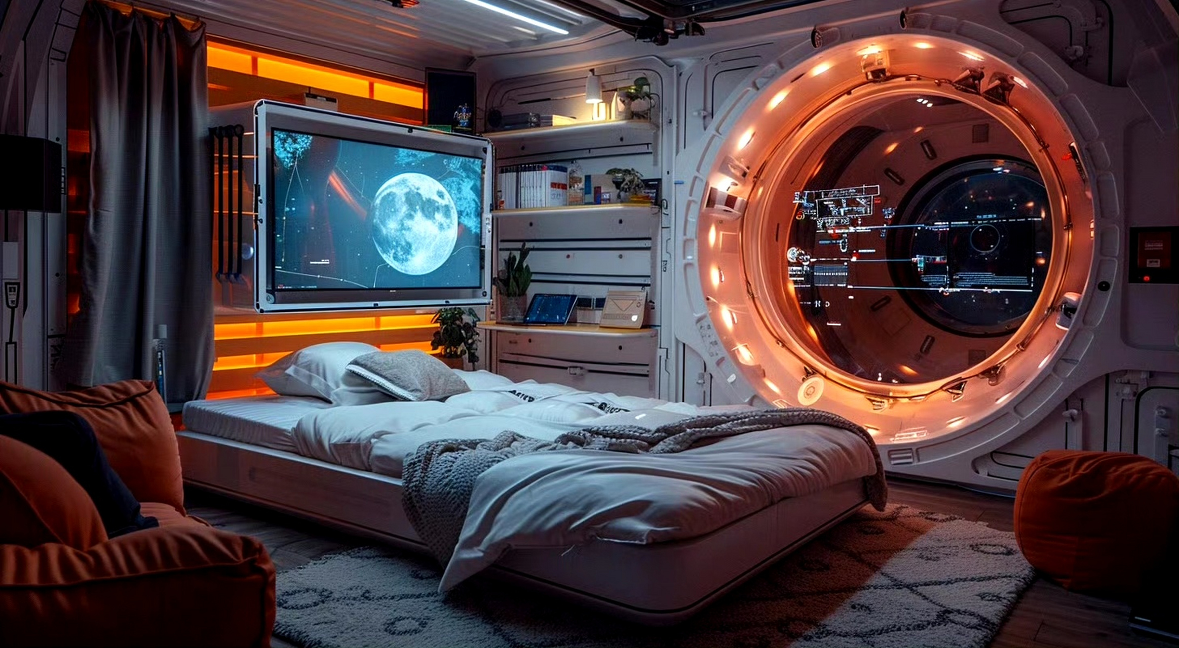 ai生成的一组科幻场景作品,展现了不同风格的舱室布置,有种太空舱和