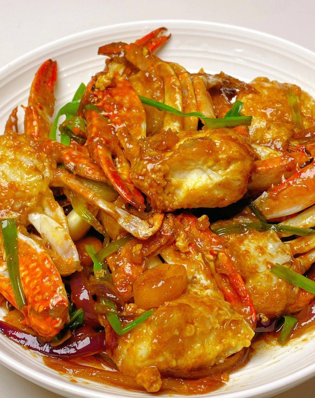 炒梭子蟹梭子蟹红烧一个梭子蟹一个青菜2个菜的真实图片红烧梭子蟹