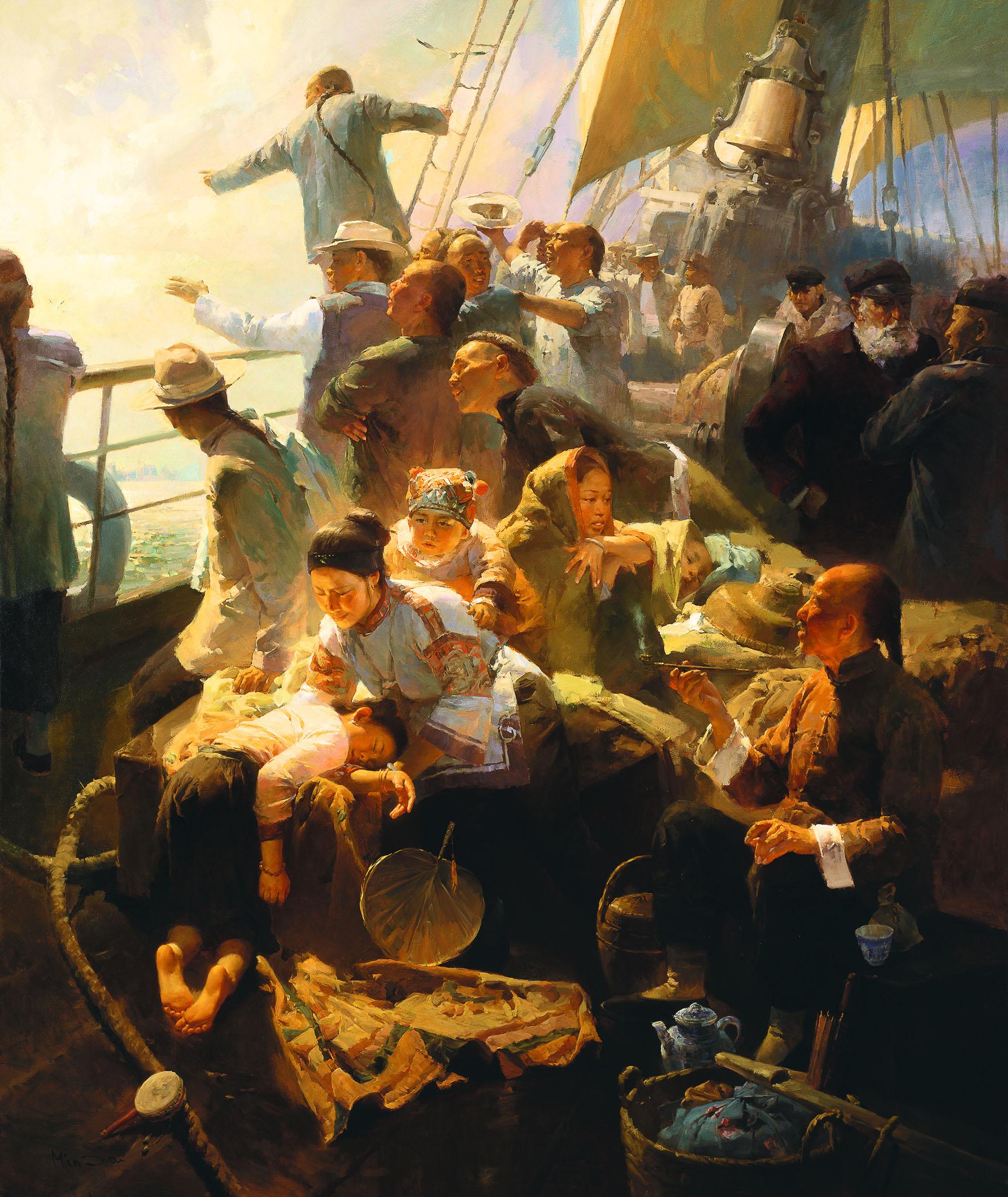 图为擅长"侨乡移民题材"的旅美华人画家司徒绵的油画作品,描绘了晚清