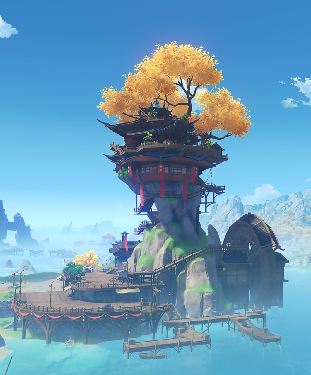 原神中的望舒客栈,建筑水平应该比须弥建在大树上的须弥城技术要高吧!