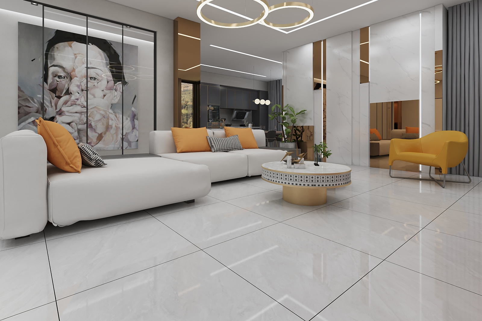 浅色系地砖更出效果呢客厅阳台都铺上时记得做好水平处理防止水倒流哟