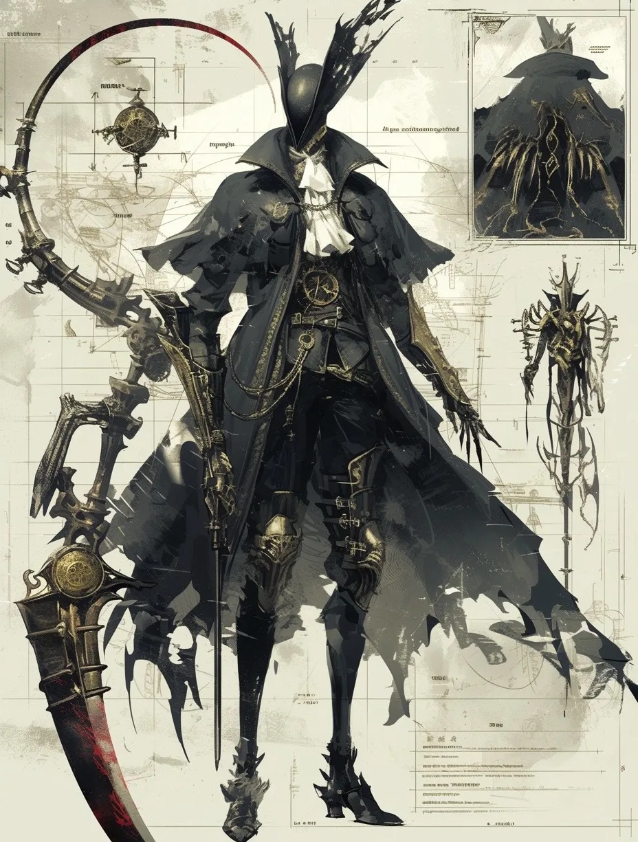 分享一组游戏《血缘诅咒》角色设计作品,展现了不同猎人的服装与武器