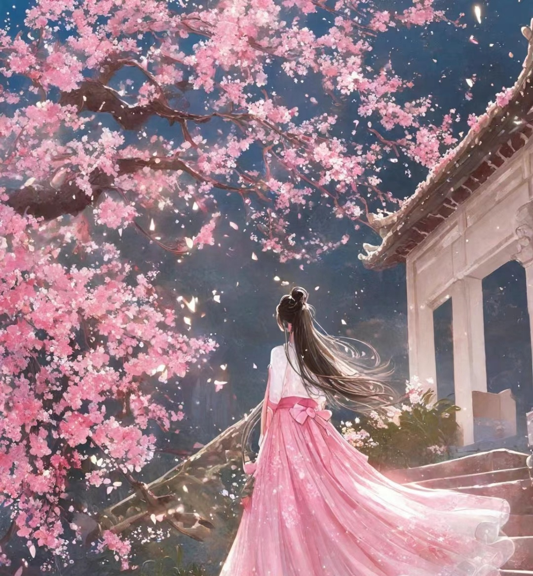花开花落唯美意境少女背影