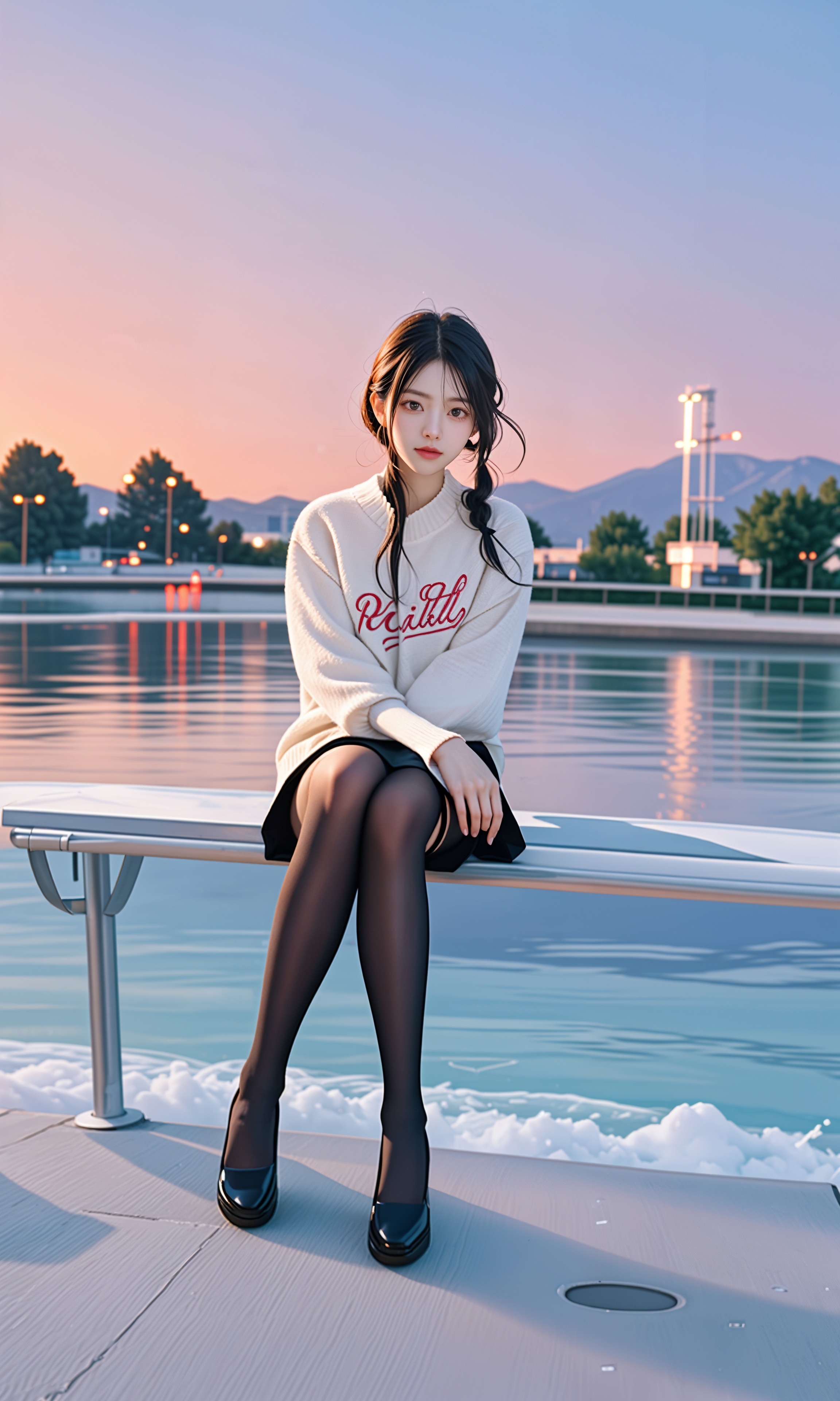 ai美女壁纸# 	在绚烂的天空下,海岸边轻柔的沙滩上,一位美少女静镜刎