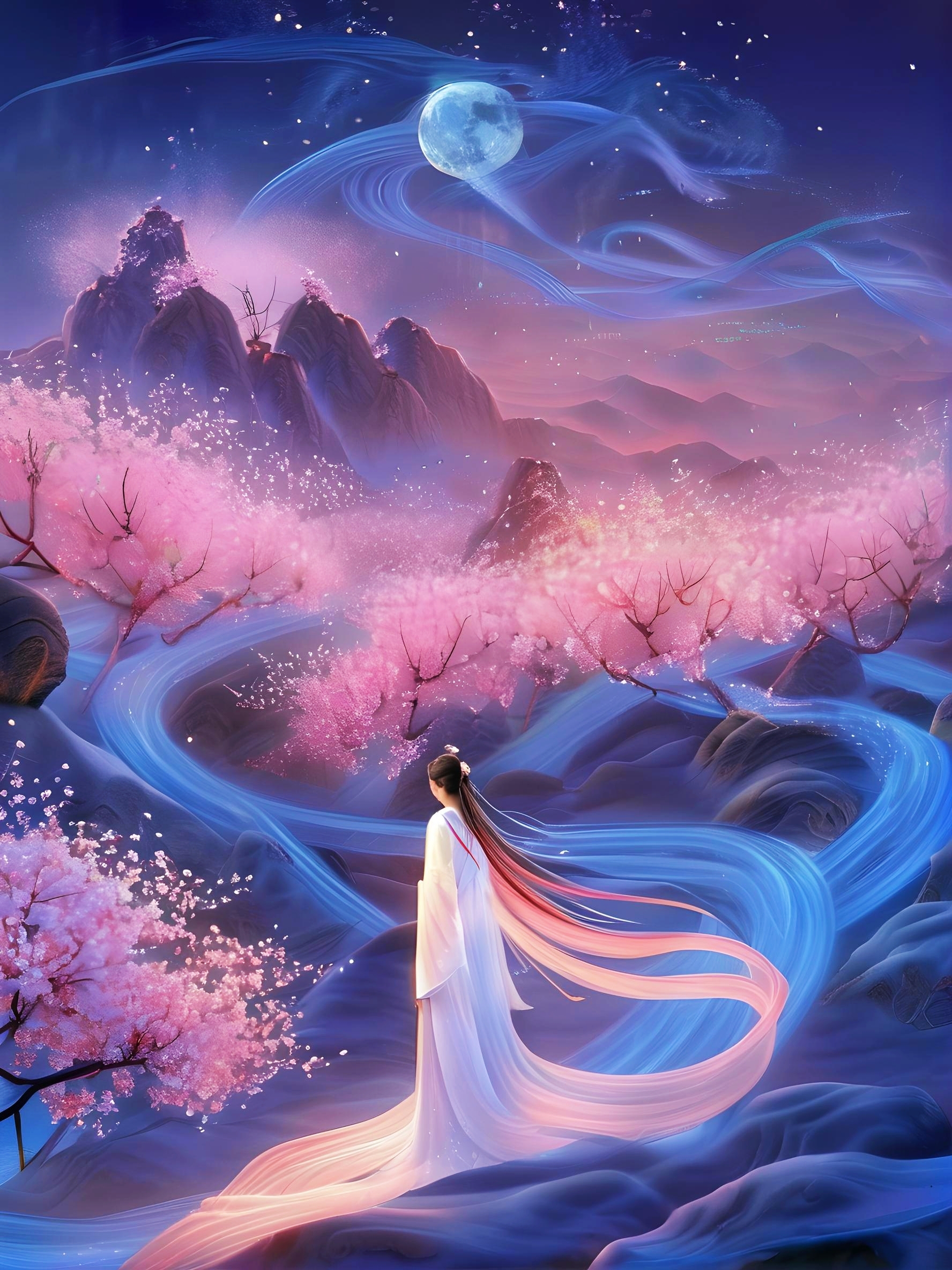 壁纸# #ai绘画# 唯美浪漫|桃花盛开,月色很美,我在梦里寻找你的身影
