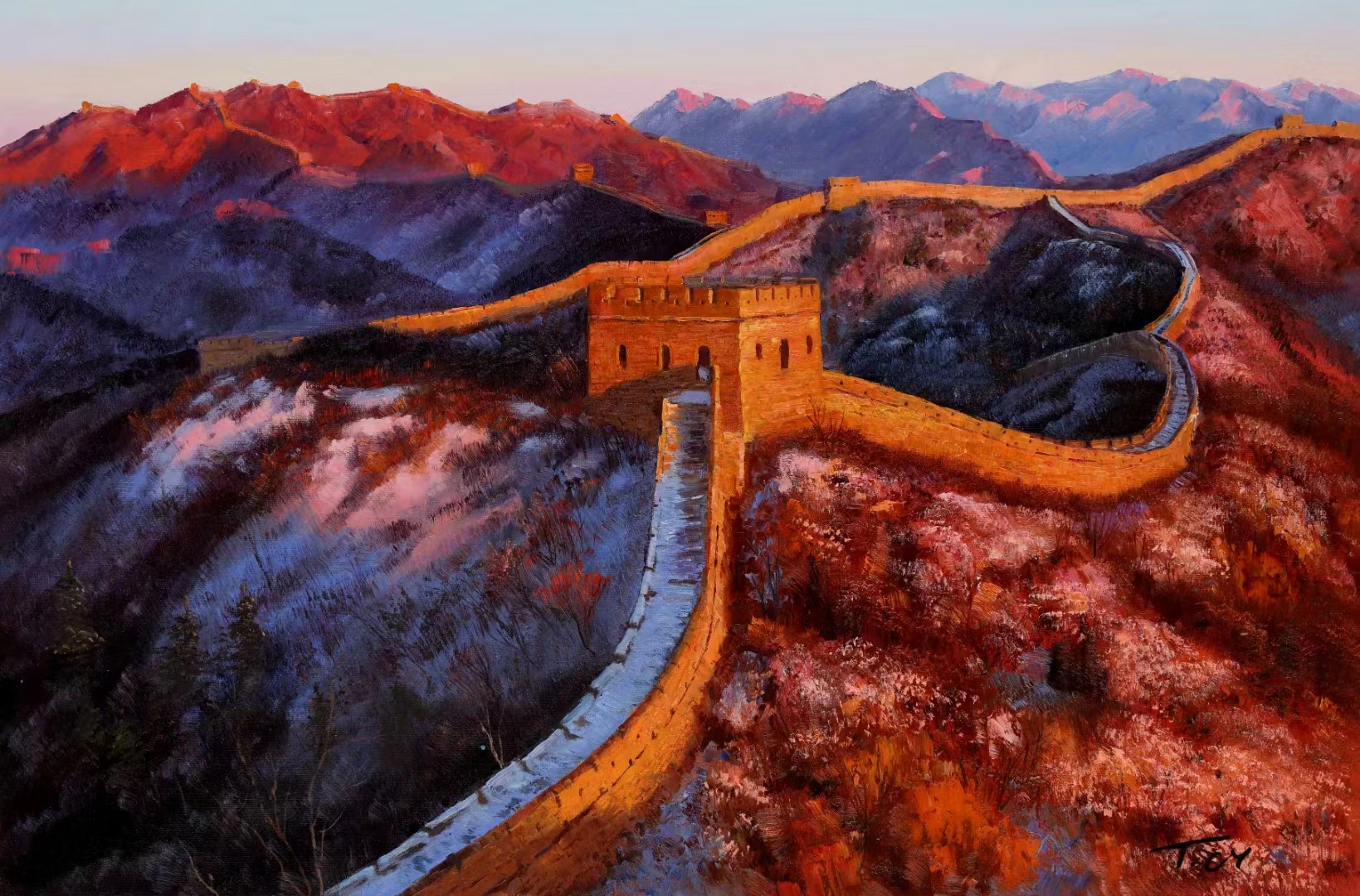 画家田成义老师天池油画,长城油画,动物油画作品欣赏