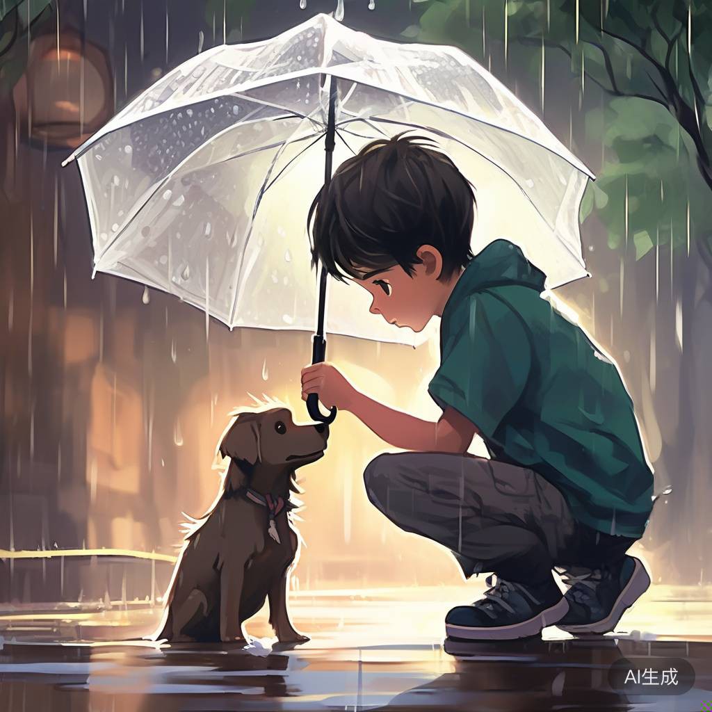 二次元漫画,描述一个小男孩在雨天蹲下为一只小狗撑伞,伞是透明的