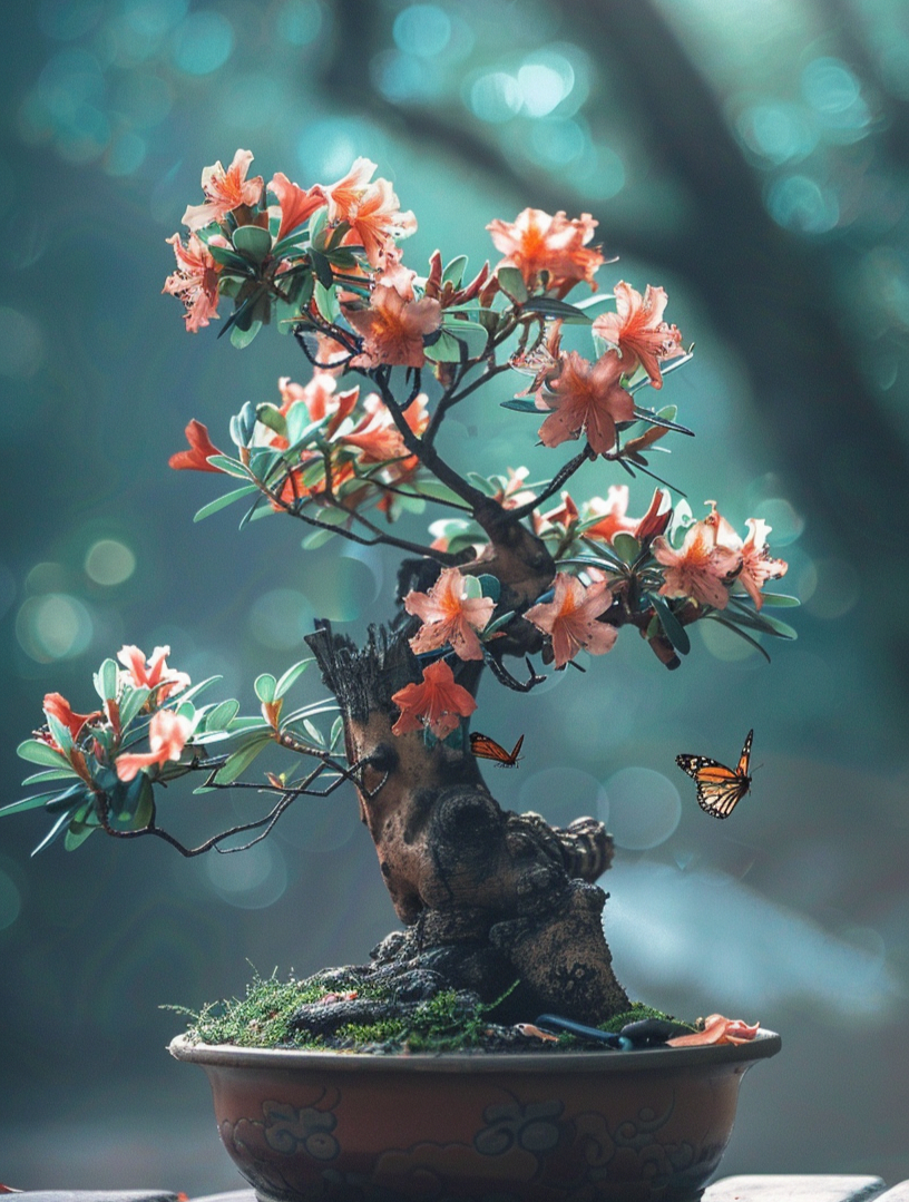 杜鹃花盆景,百年老桩,开花颜色美极了,蝴蝶翩翩起舞,爱不释手
