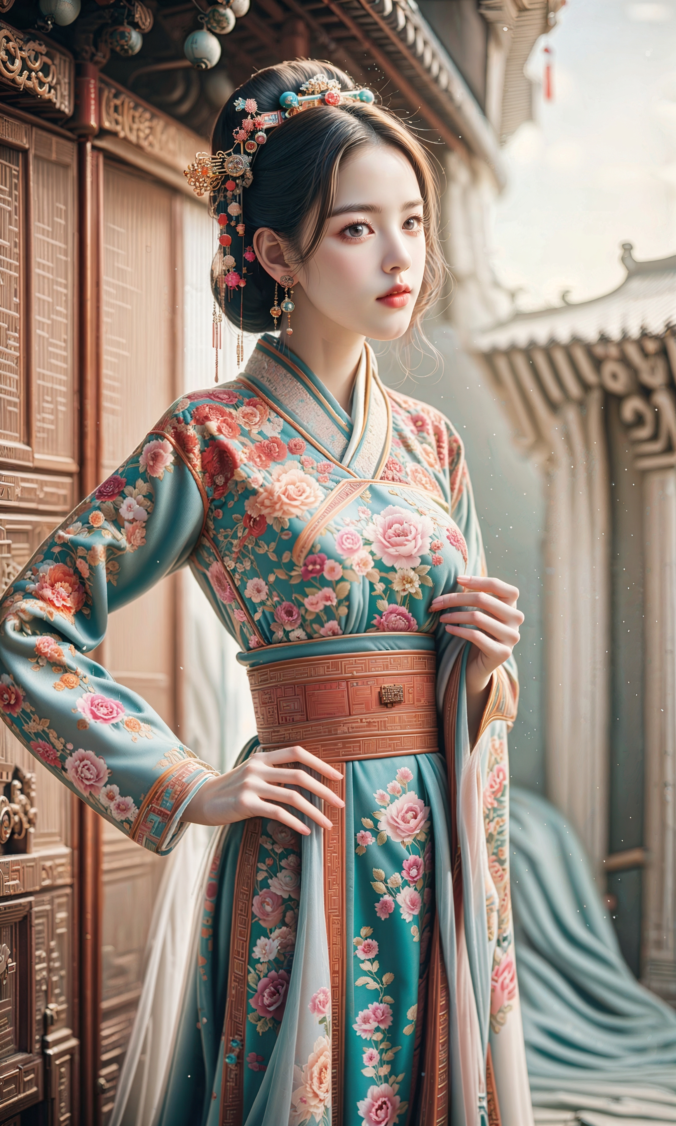 ai美女图片# #美女# #ai美女壁纸# 	高墙之内,一位身着蓝色汉服的