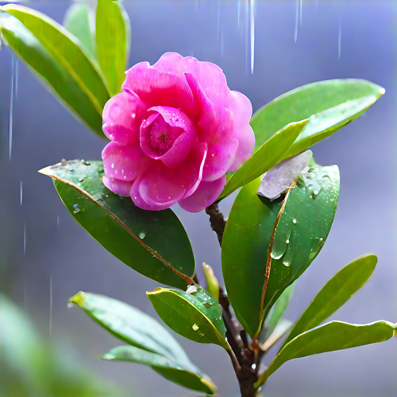 一年赏花时# 紫色茶花,犹如一幅流动的油画,静静绽放在绿叶的簇拥之