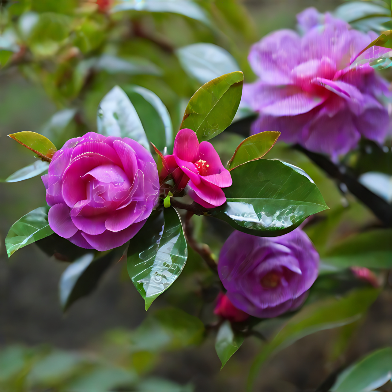 一年赏花时# 紫色茶花,犹如一幅流动的油画,静静绽放在绿叶的簇拥之