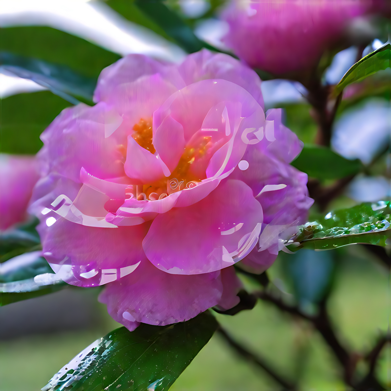 一年赏花时# 紫色茶花,犹如一幅流动的油画,静静绽放在绿叶的簇拥之