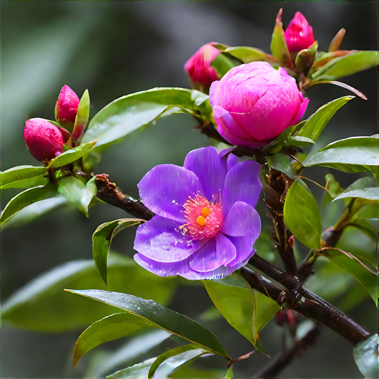 复色紫明珠茶花图片