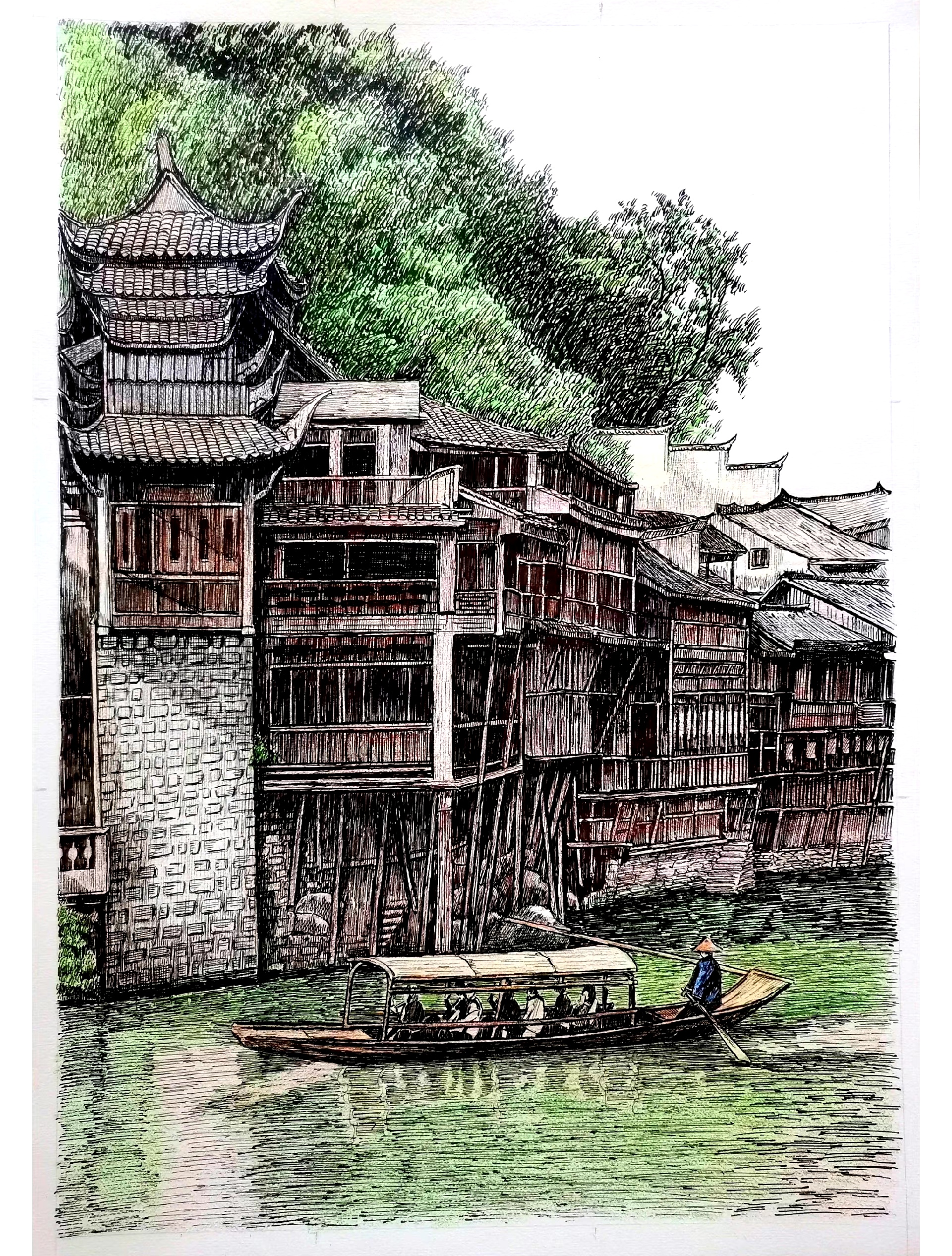 画家马静绘制的一组钢笔画作品,描绘了江南水乡的景色,色彩明快,线条