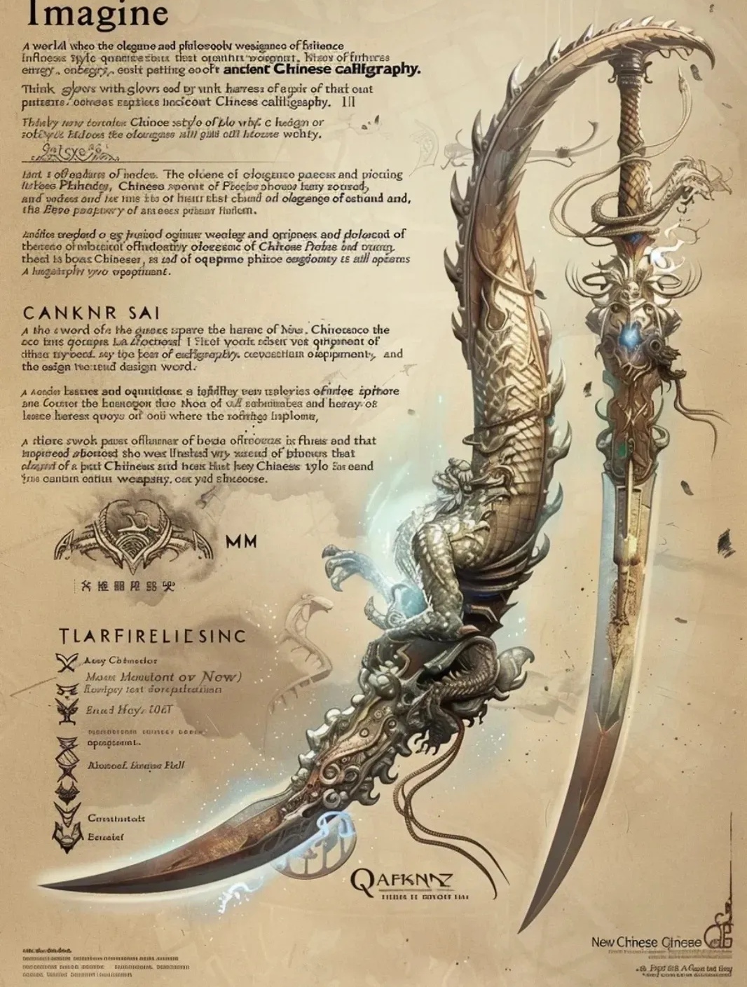 ai生成的一组冷兵器绘画作品,描绘了造型独特的刀剑,融合了多种自然