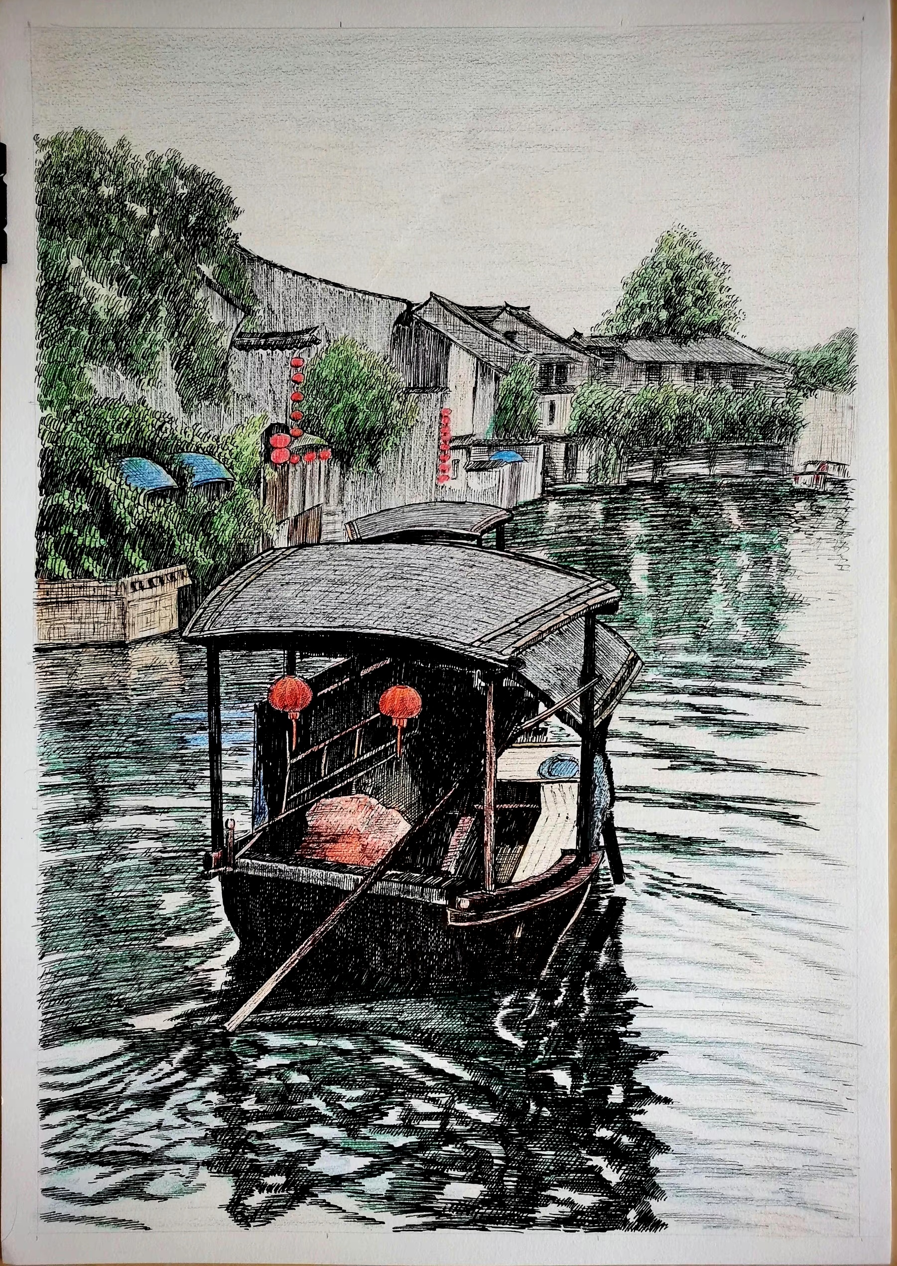 画家马静绘制的一组钢笔画作品,描绘了江南水乡的景色,色彩明快,线条