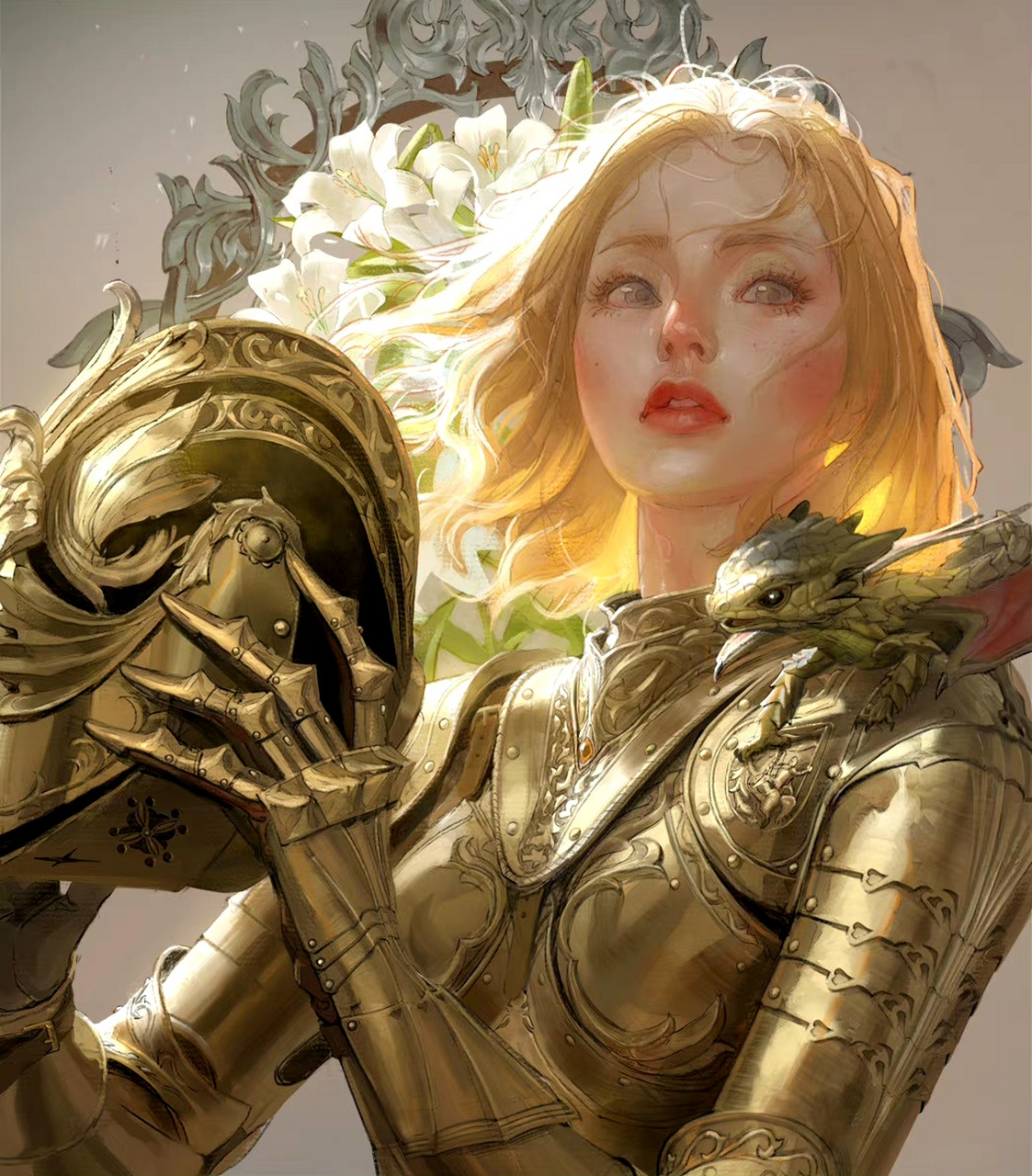 jeong动漫人物插画欣赏,描绘了身着华丽铠甲的女战士,画风写实而生动