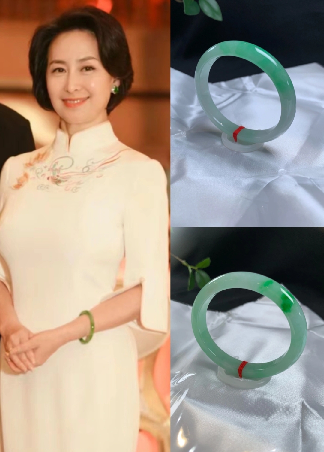 61岁的何超琼,近日在一个慈善晚宴上,戴着一个美人条翡翠手镯,可谓是