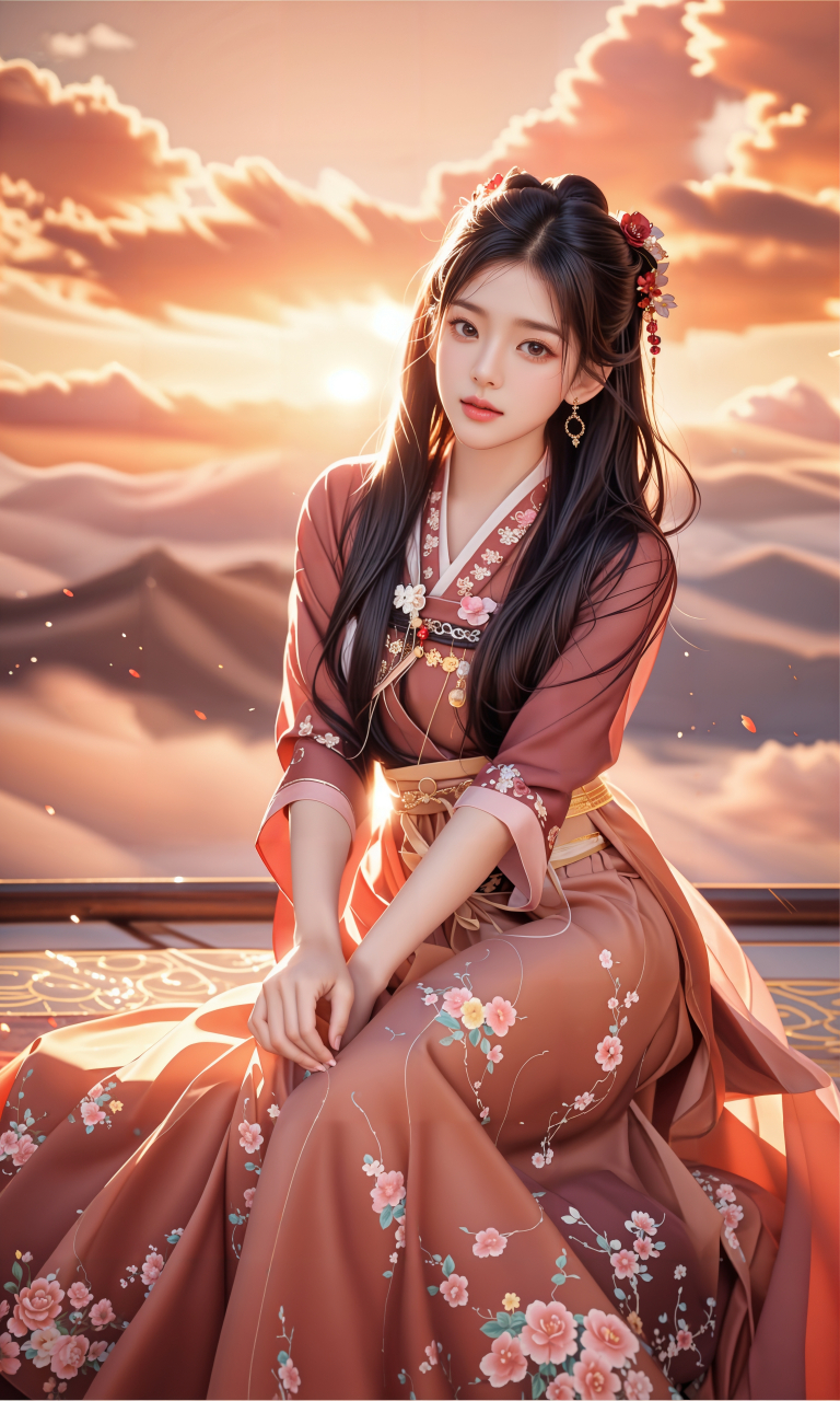 美女# #ai美女壁纸# 	在这宁静的黄昏时分,一位女子身着华丽的汉服