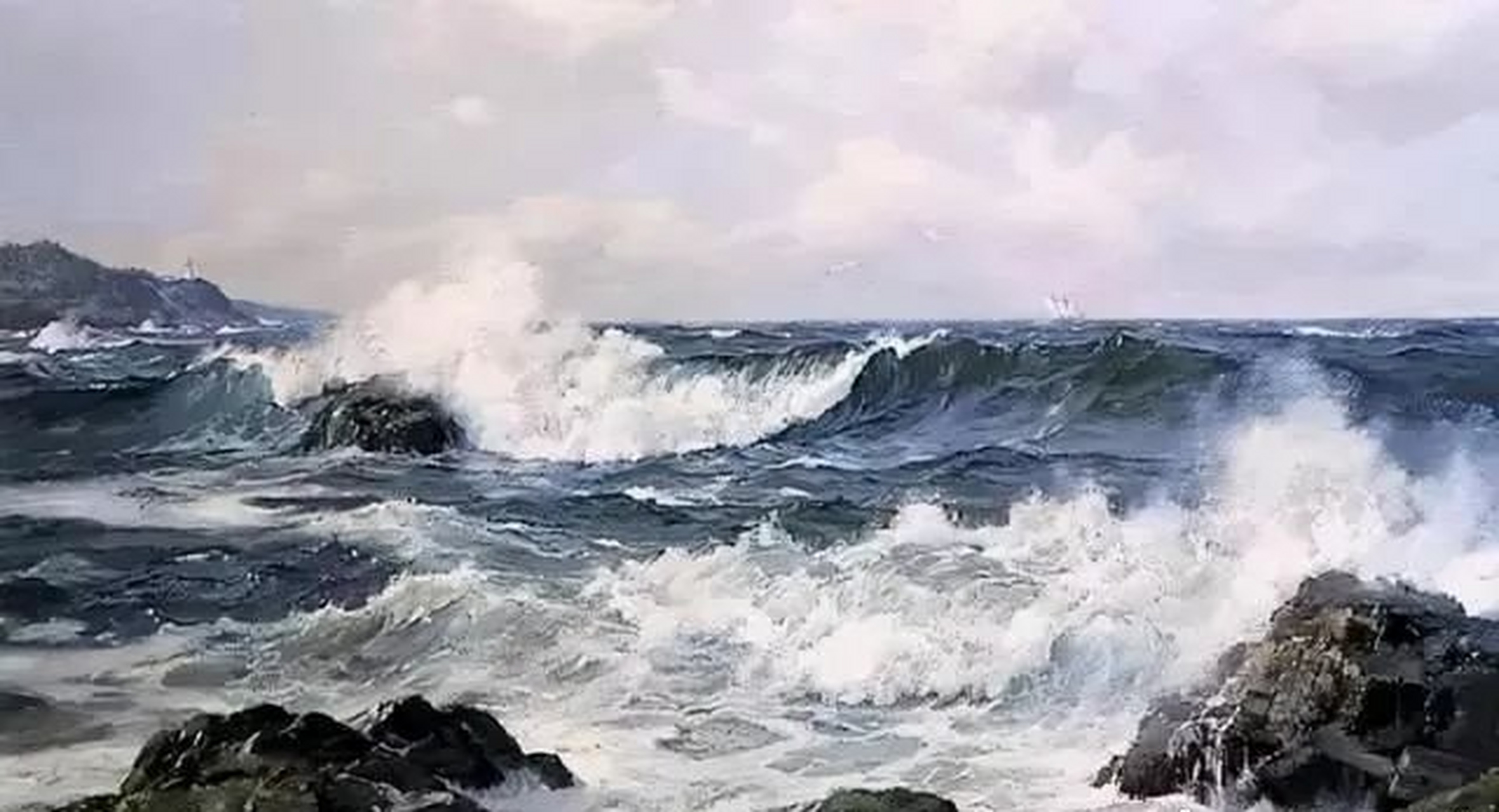 画家查尔斯·维克里海景油画欣赏,用浓郁的色彩描绘了波涛汹涌的大海