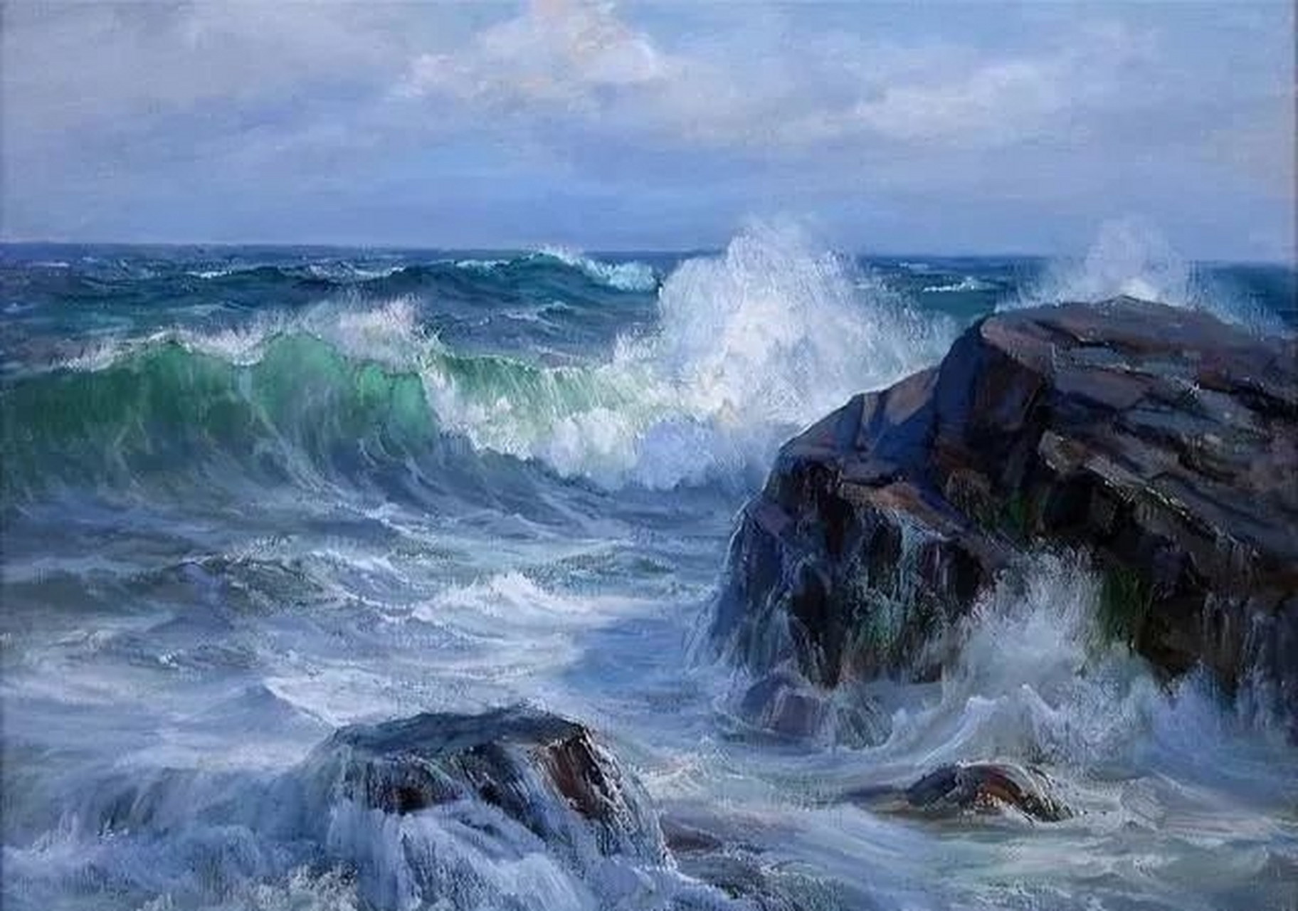 美国画家查尔斯·维克里海景油画欣赏,用浓郁的色彩描绘了波涛汹涌的