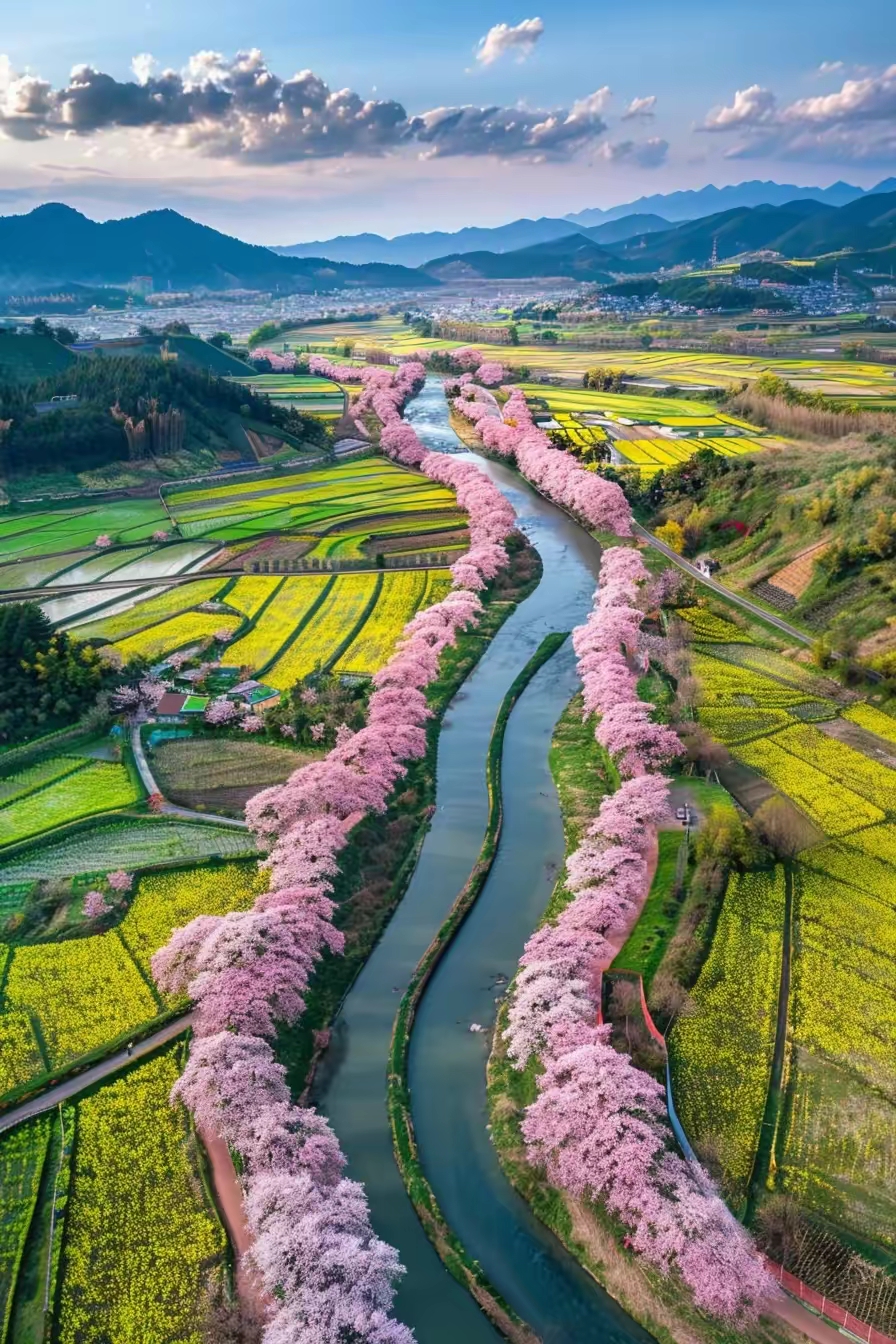 金色的油菜花和粉色的桃花交织成的美景