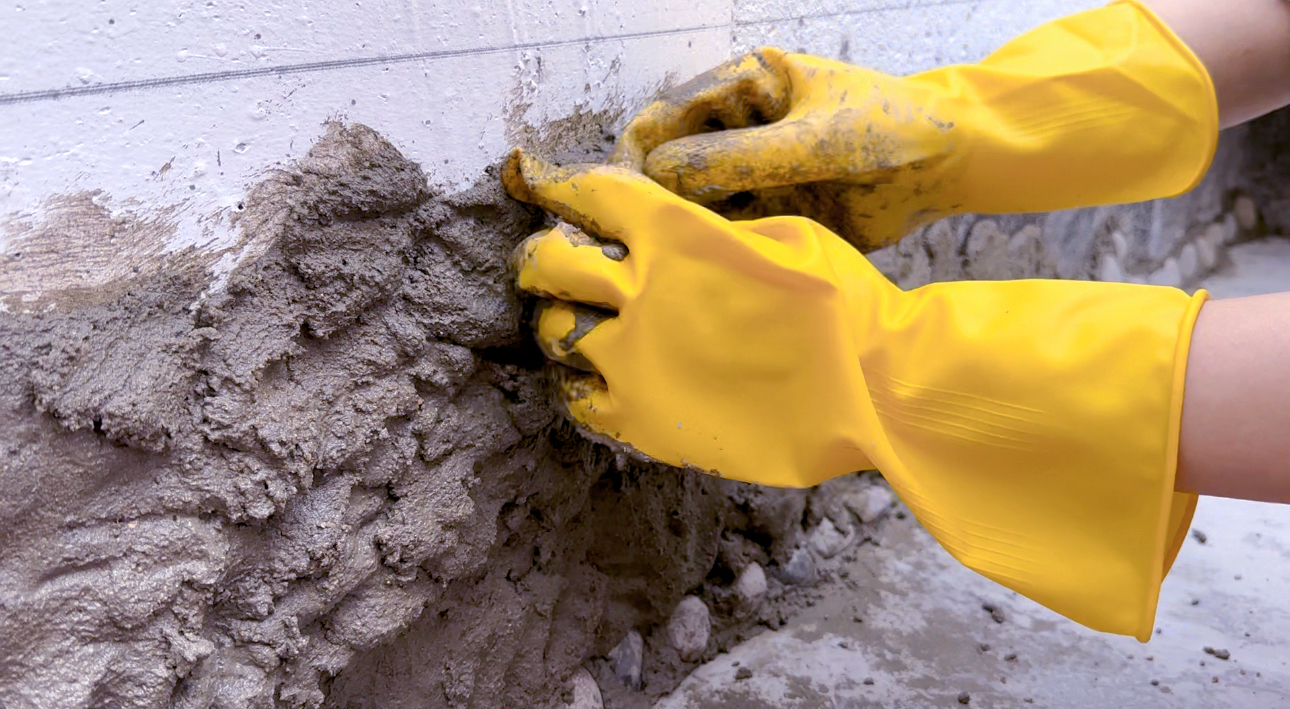 尝试自己动手做鱼池侧立面,有点儿时玩泥巴的感觉,院