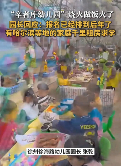 孩子们带着厨师衣帽,他们有的人喂鸡,喂鸭,有的拿着柴火烧火,从视频看