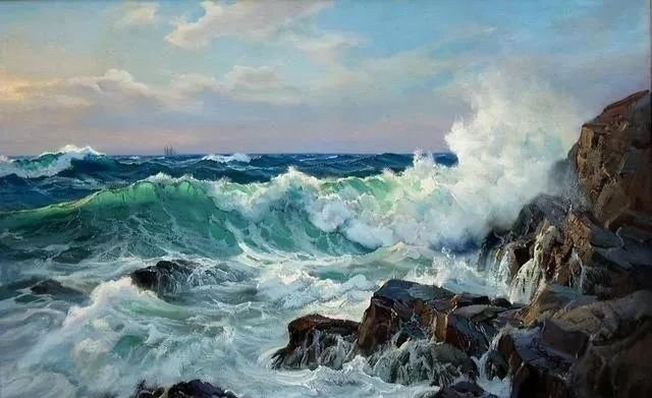 美国画家查尔斯·维克里海景油画欣赏,用浓郁的色彩描绘了波涛汹涌的