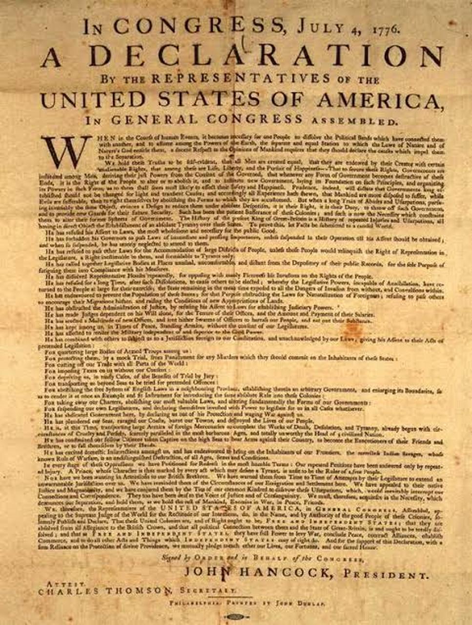 美国独立宣言:1776 年 7 月 4 日,大陆会议通过《独立宣言》,宣布北美