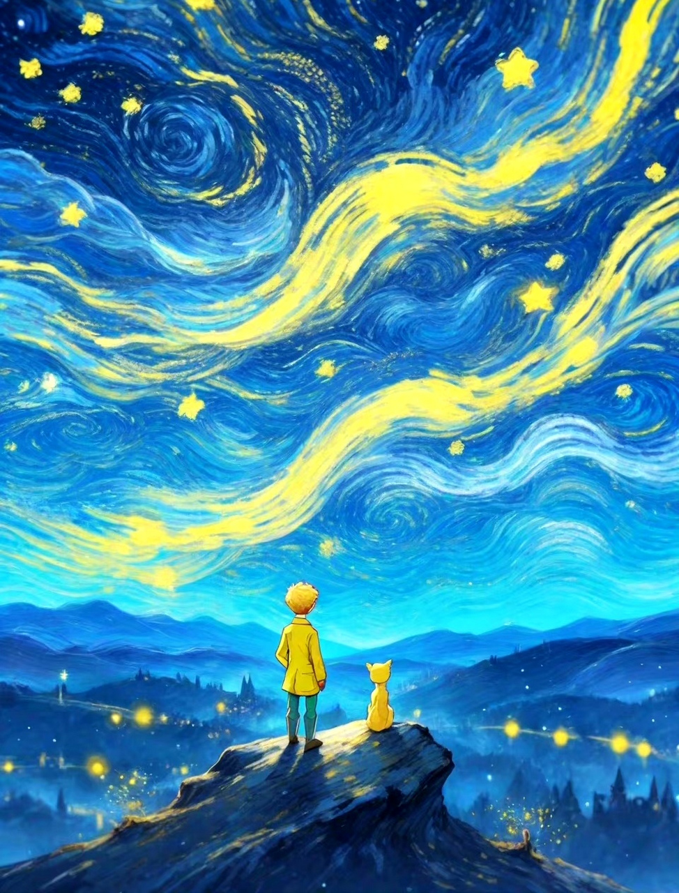 展现了小王子行走在梵高的画作之中,灿烂的星空下是其孤寂的身影