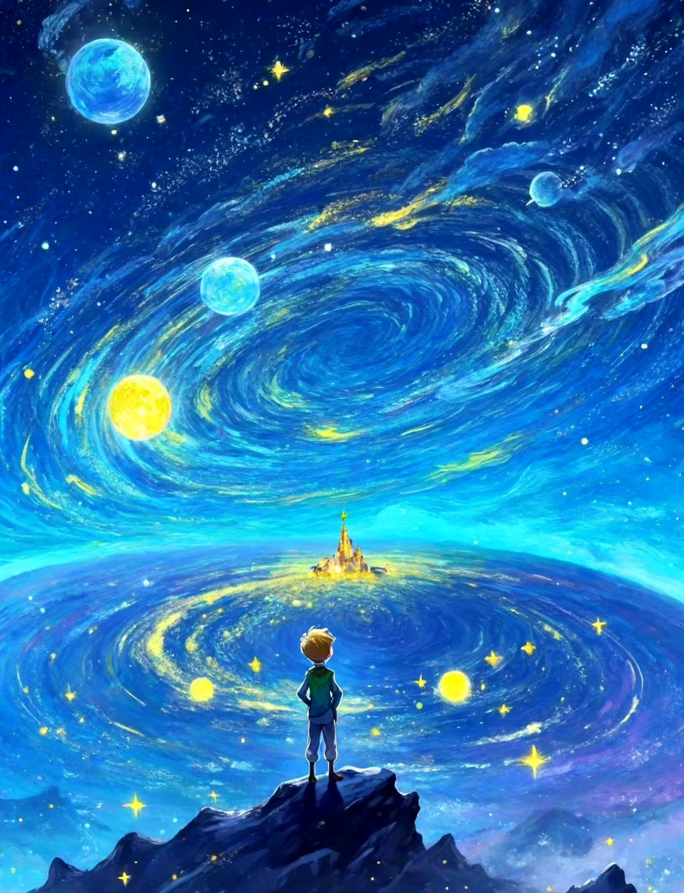 展现了小王子行走在梵高的画作之中,灿烂的星空下是其孤寂的身影