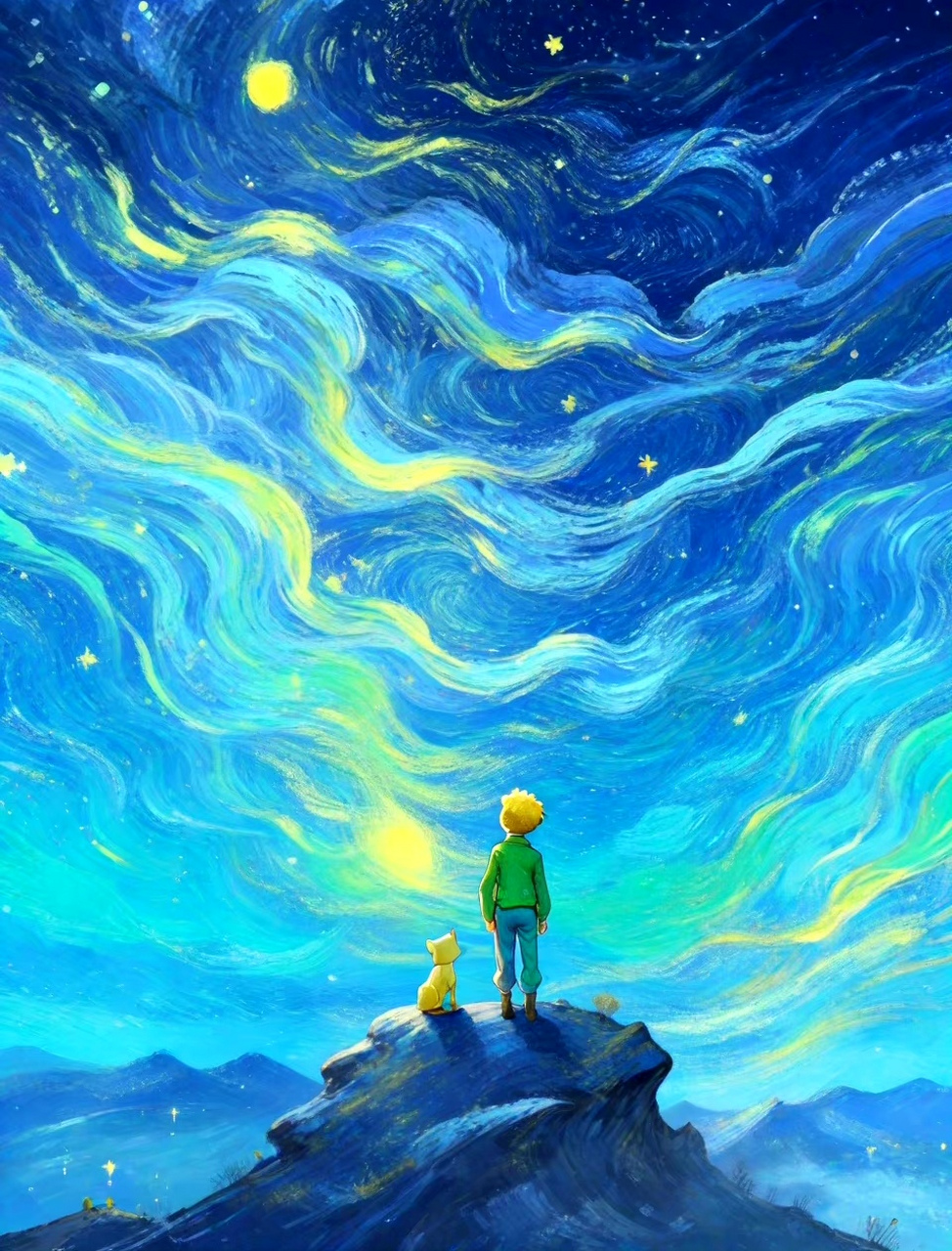 展现了小王子行走在梵高的画作之中,灿烂的星空下是其孤寂的身影