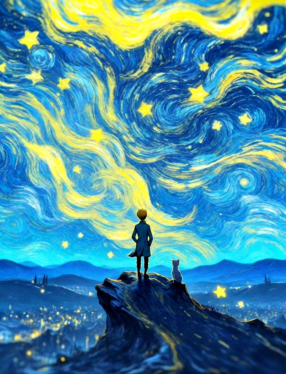 展现了小王子行走在梵高的画作之中,灿烂的星空下是其孤寂的身影