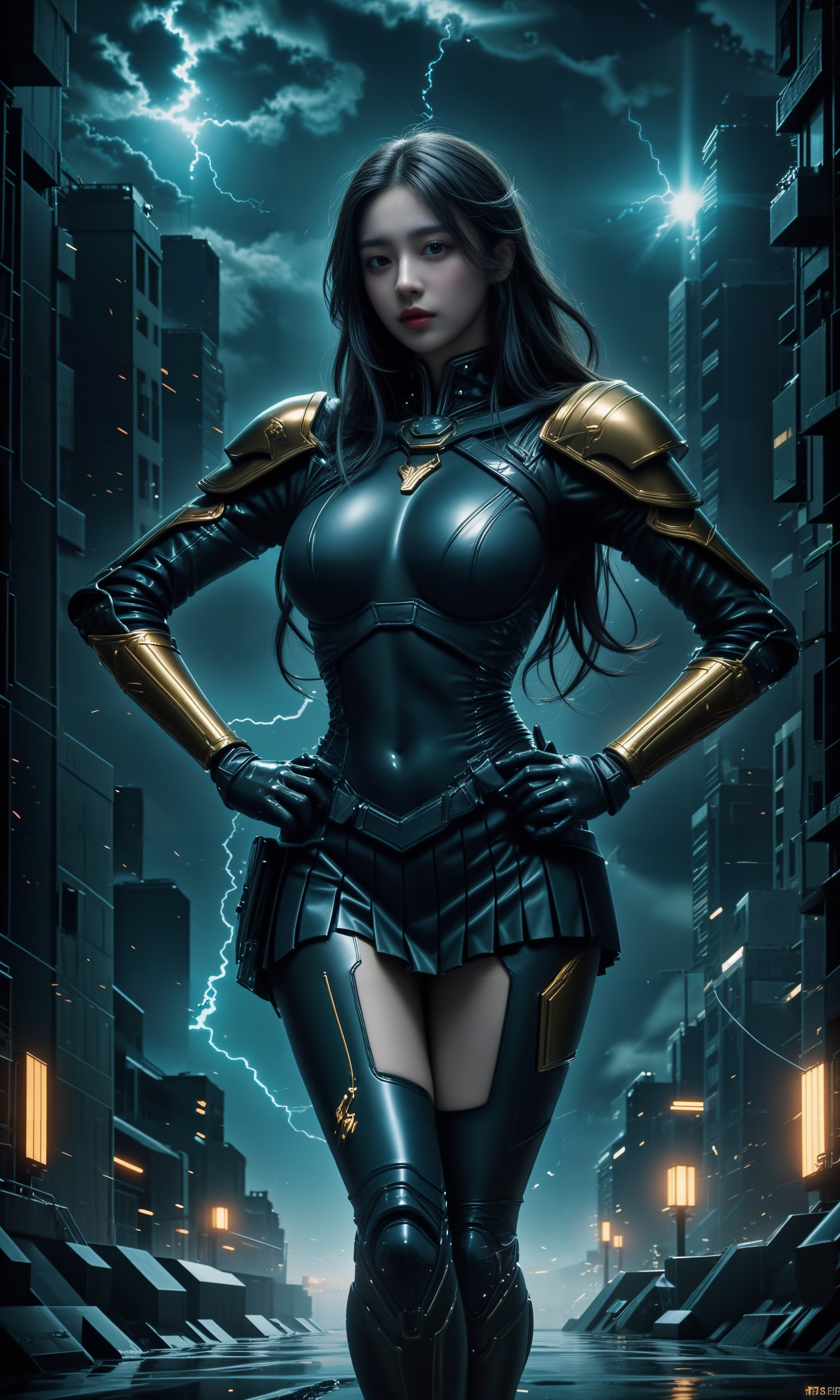 ai美女图片# #美女# #ai美女壁纸# 	铁甲女战士站在未来金属街道的