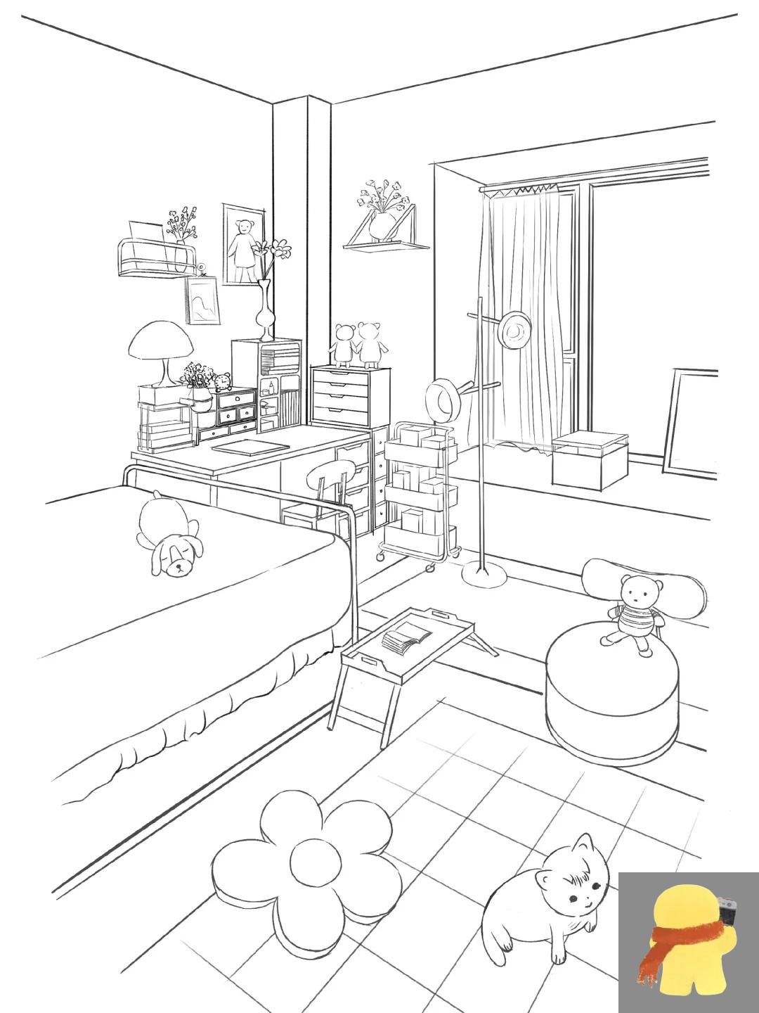 第一步,定好消失点,画大框架的透视线.