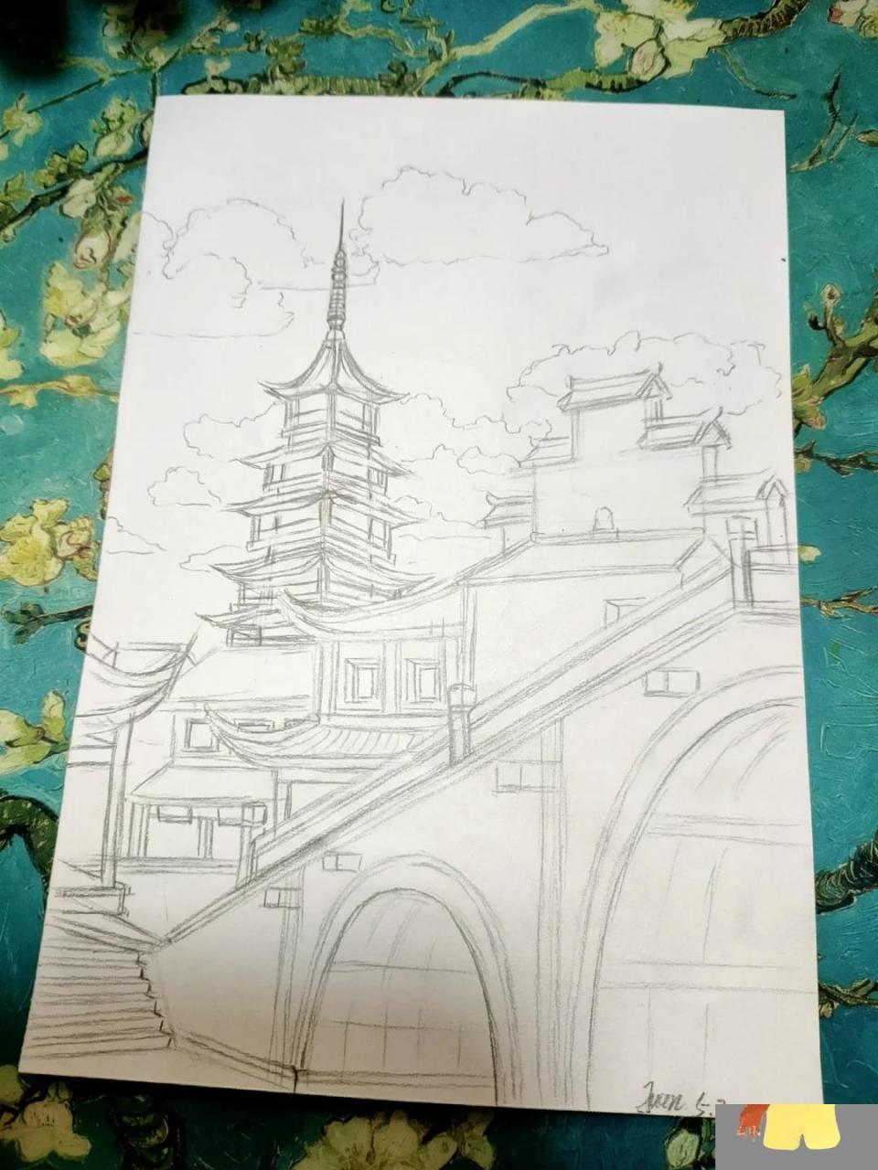 江南千灯古镇 马克笔风景画《江南–千灯古镇》线稿