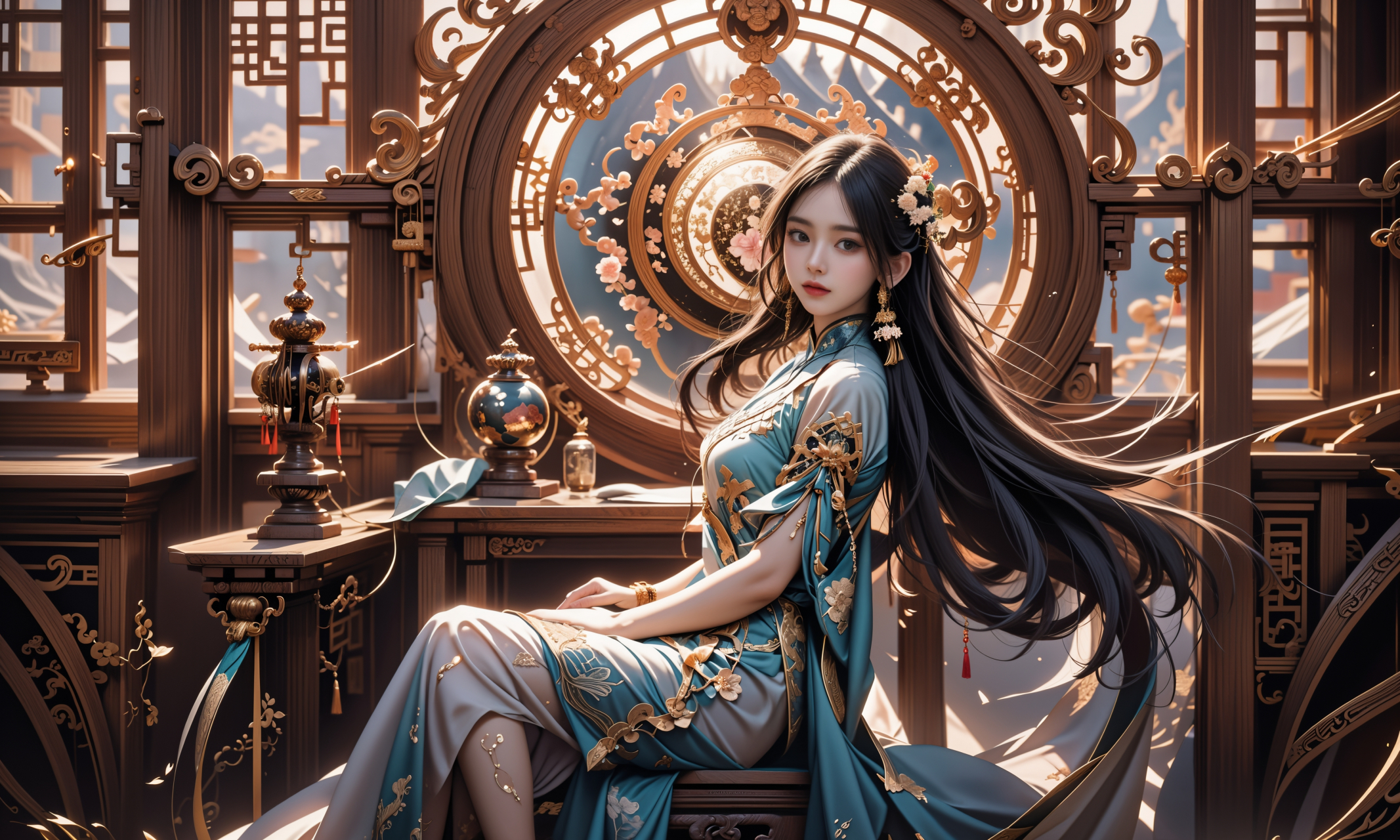 ai美女图片# #美女# #ai美女壁纸# 	在古代闺房中,华丽的汉服美女正