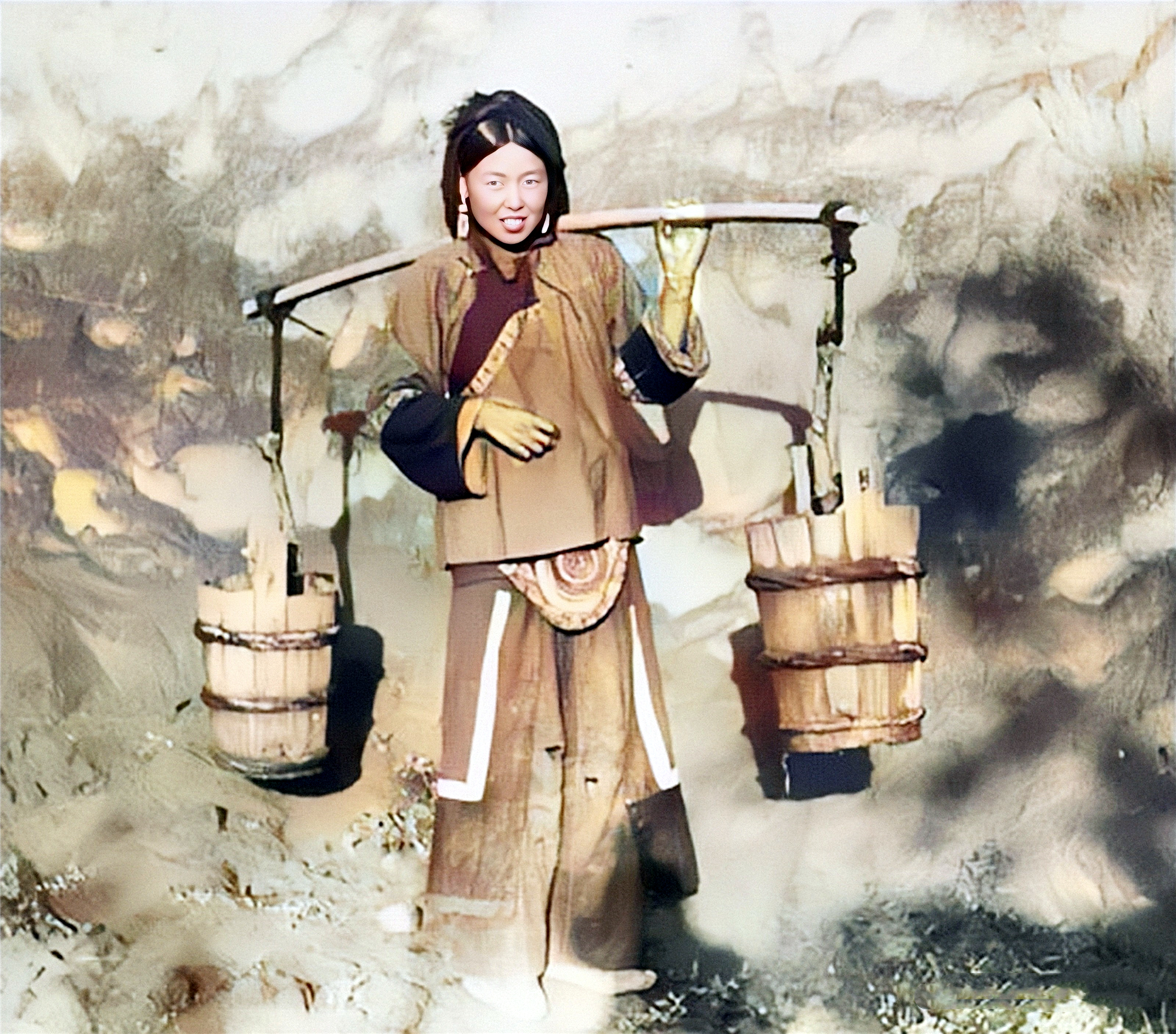 扁担与木桶是妇女挑水必不可少的生活工具.