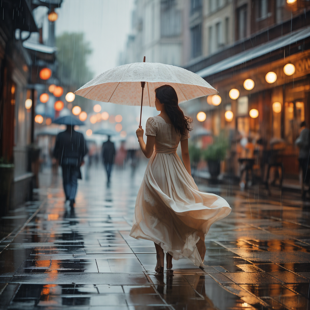 撑起伞慢慢走着,街上的人和景都因为雨而模糊,小雯觉得:雨中漫步,不