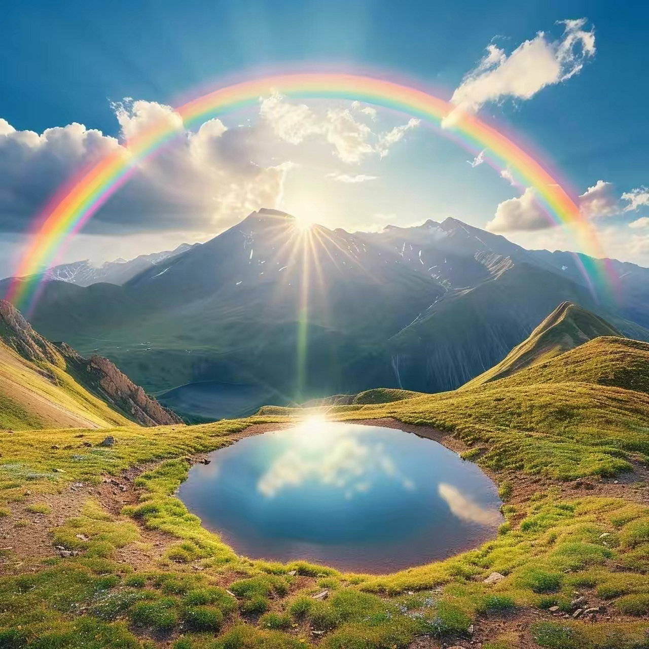 一片宁静的湖泊,湖面平静如镜,完美地反射出天空中的彩虹.