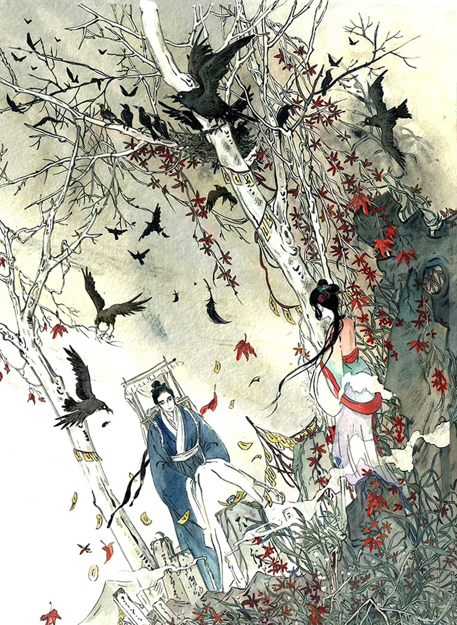 画师九千坊绘制的一组以《聊斋》为主题的插画作品,用缤纷的色彩描绘