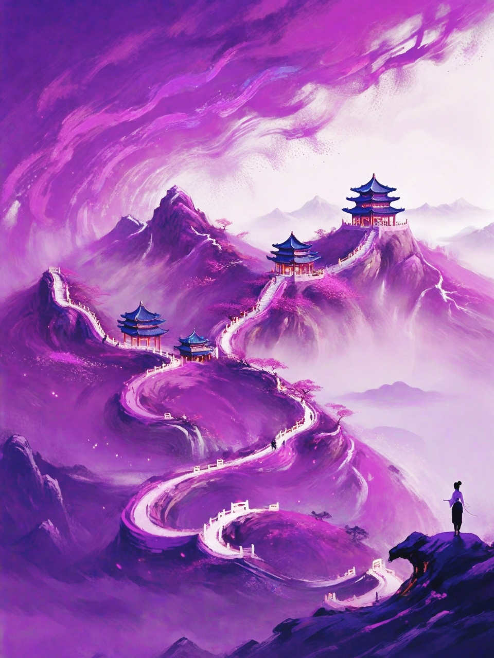 壁纸# #ai绘画# 古风插画|紫山依旧,阁楼大开,静等有缘人!
