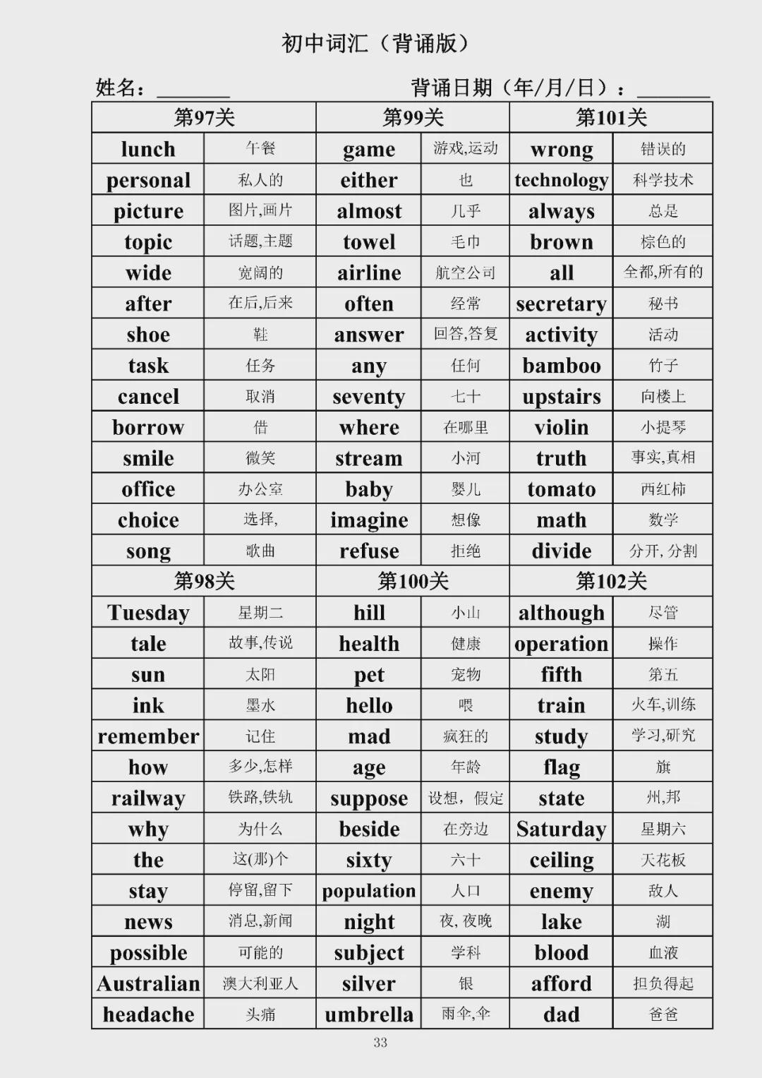 初中英语1600词汇总(背诵版 检测默写版)