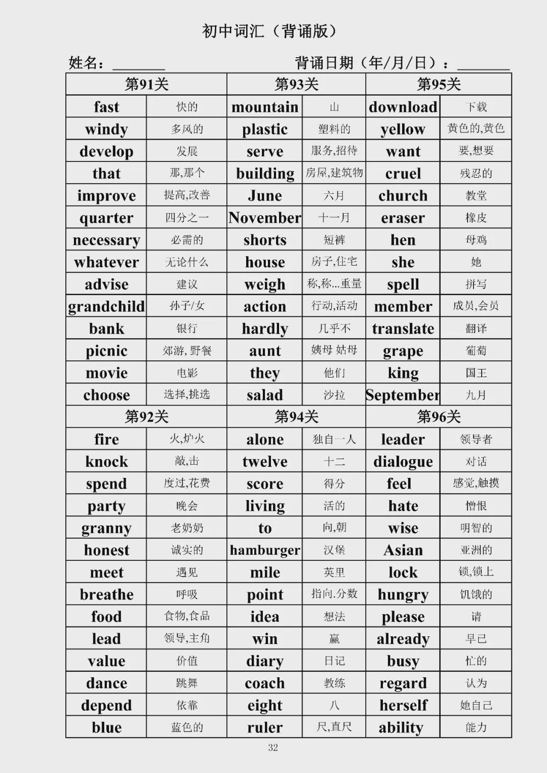 初中英语1600词汇总(背诵版 检测默写版)