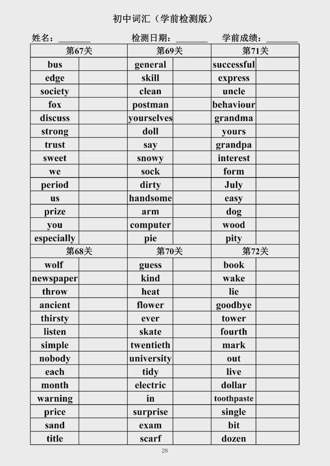 初中英语1600词汇总(背诵版 检测默写版)